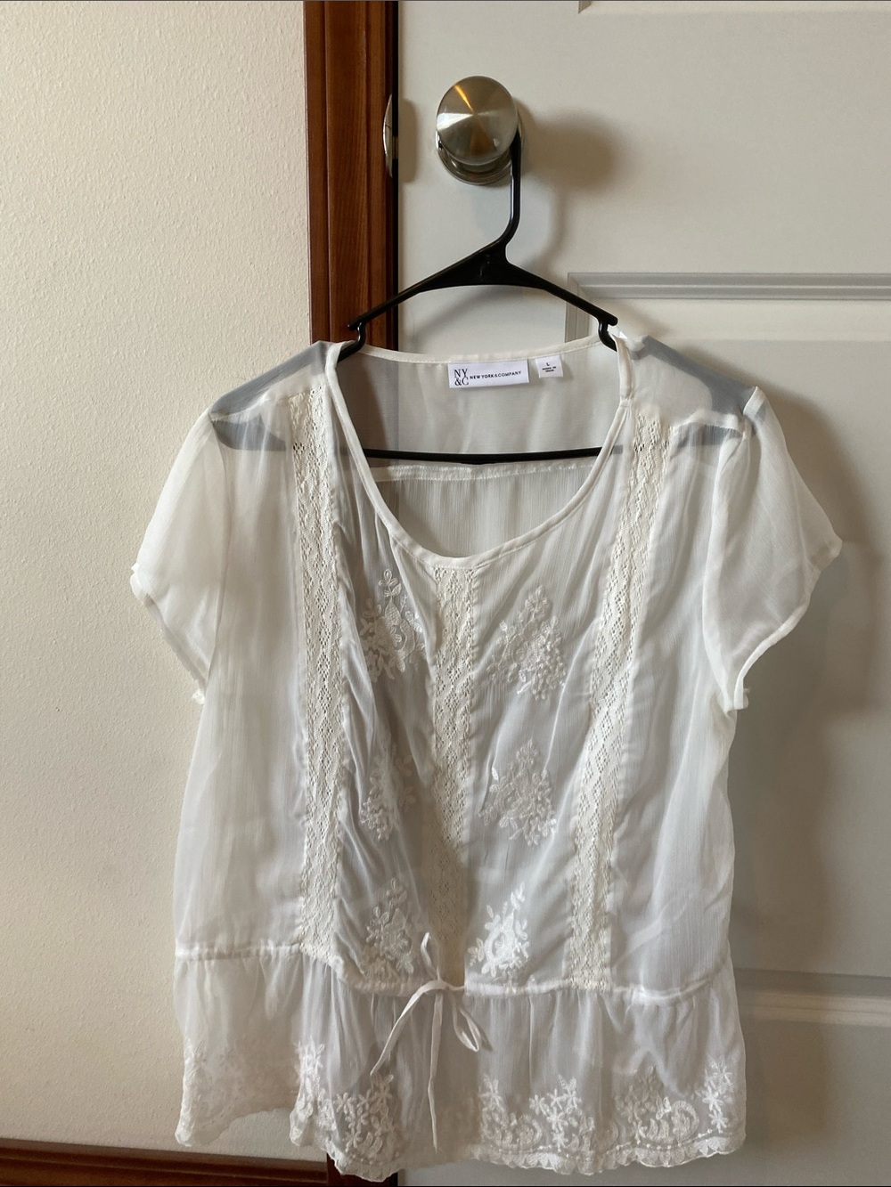 New York & Company White Embroidered Peasant Blouse